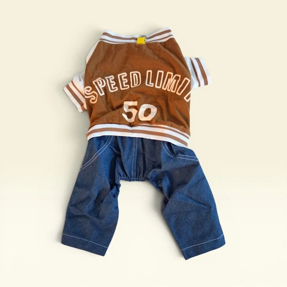 Pet Varsity Jacket Jumpsuit Speed Limit 50 Brown Denim Dog‎ Cat XL